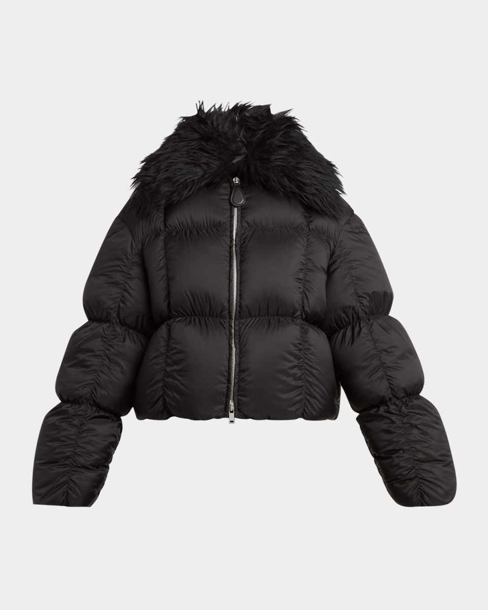 Gathered Quilted Jacket With Detachable Faux-Fur Collar